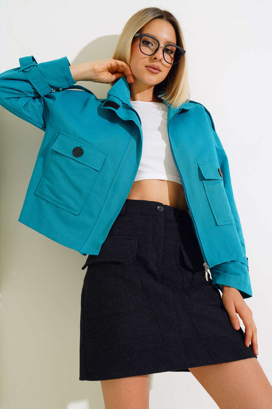 Veste courte à épaulettes zippées, vert pétrole