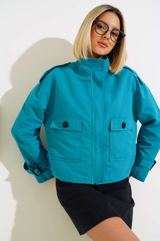 Fermuarlı Omuz Apoletli Kısa Ceket Petrol Yeşili