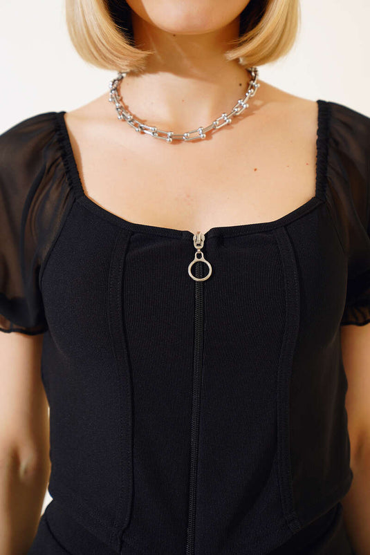 Zippered Ottoman Blouse Black