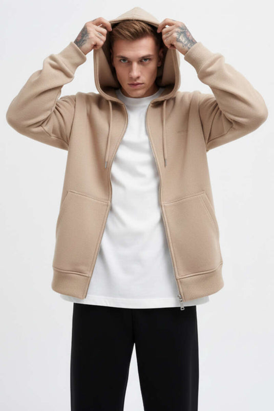 Overslag met rits grote maat herensweater voor het tussenseizoen beige