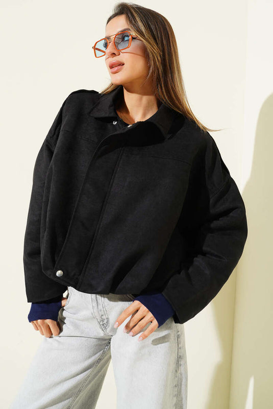 Veste courte oversize en daim avec fermeture éclair, noire