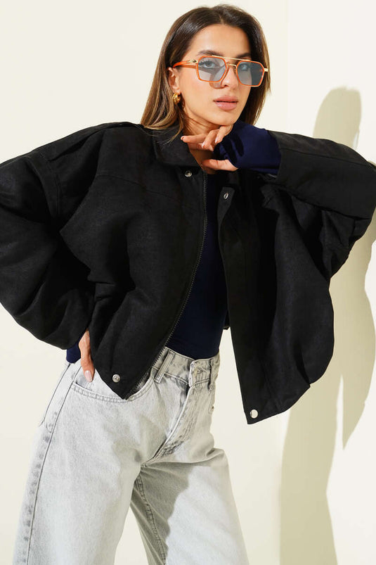 Fermuarlı Oversize Kısa Süet Ceket Siyah
