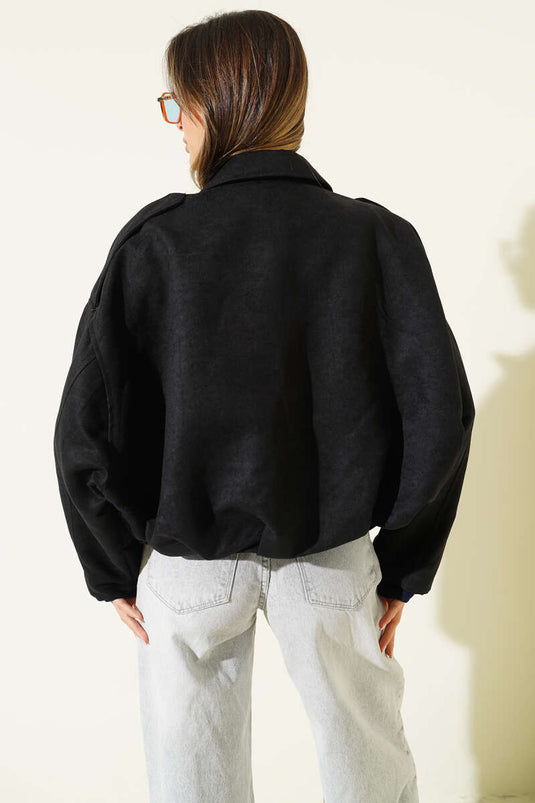 Fermuarlı Oversize Kısa Süet Ceket Siyah