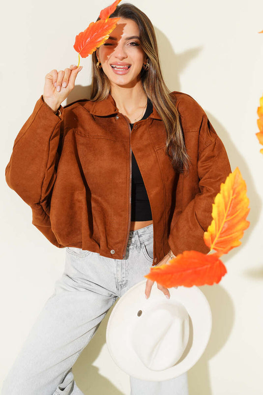 Veste courte oversize en daim avec fermeture éclair, beige