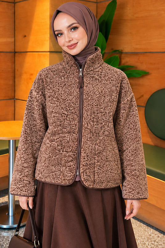 Fermuarlı Peluş Basic Hırka Vizon