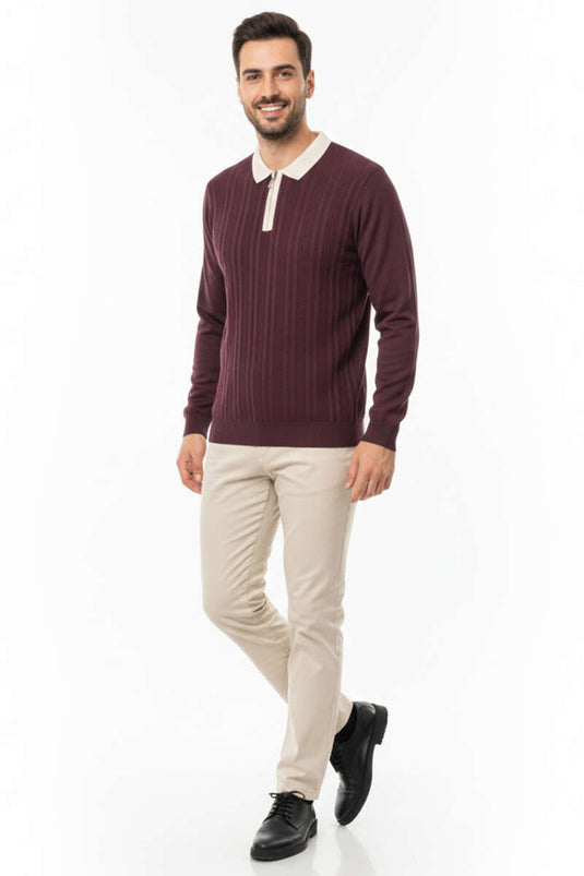 Strickpullover für Herren mit Reißverschluss und Polokragen, purpurrot