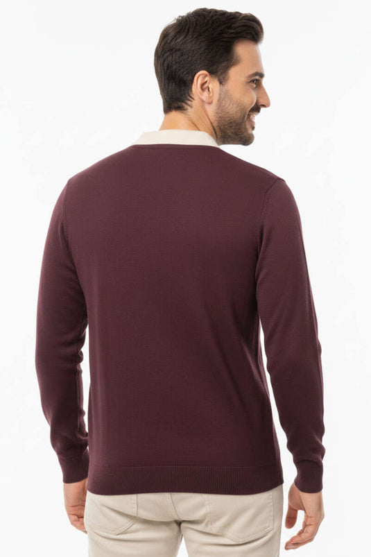 Strickpullover für Herren mit Reißverschluss und Polokragen, purpurrot