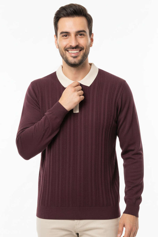 Strickpullover für Herren mit Reißverschluss und Polokragen, purpurrot