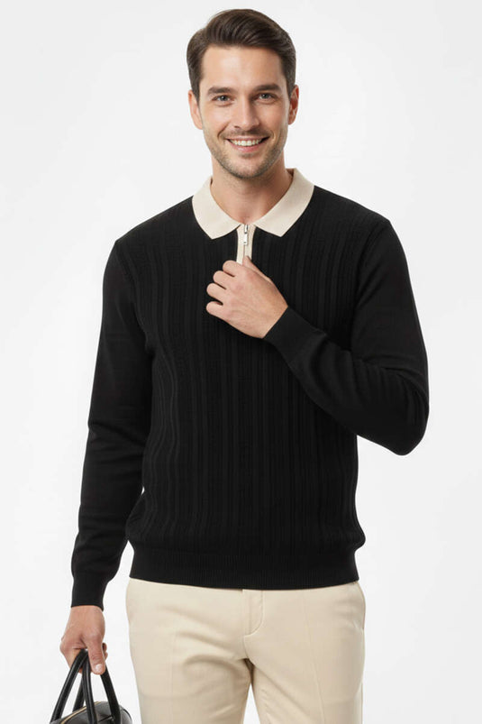 Fermuarlı Polo Yaka Örme Erkek Kazak Siyah