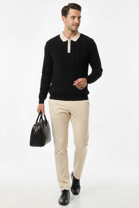 Fermuarlı Polo Yaka Örme Erkek Kazak Siyah