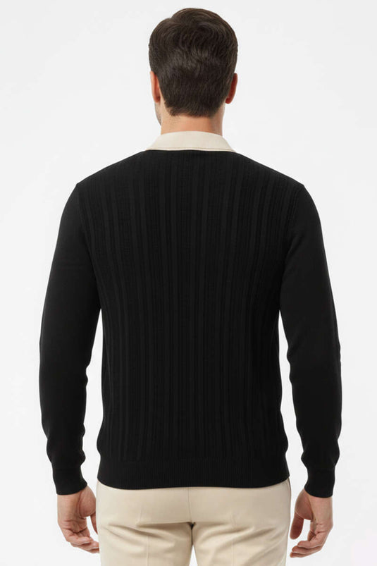 Fermuarlı Polo Yaka Örme Erkek Kazak Siyah