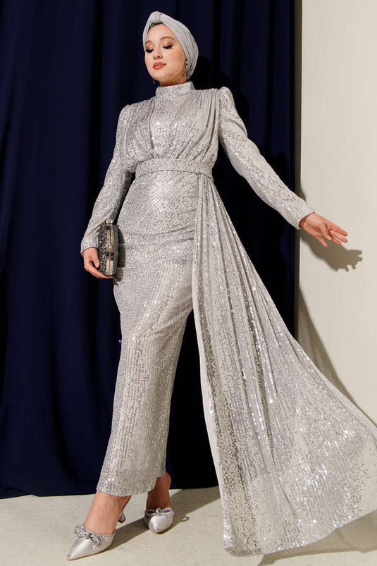 Silver Zippered Sequin Belted Evening Dress