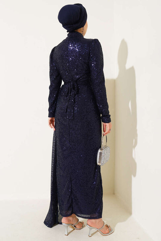 فستان سهرة بحزام وسحاب وترتر أزرق داكن