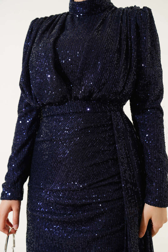 فستان سهرة بحزام وسحاب وترتر أزرق داكن