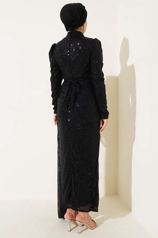 Robe de soirée noire à paillettes et fermeture éclair avec ceinture