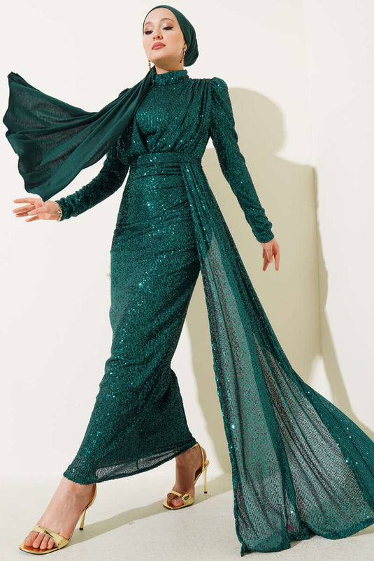 فستان سهرة أخضر بحزام وسحاب وترتر