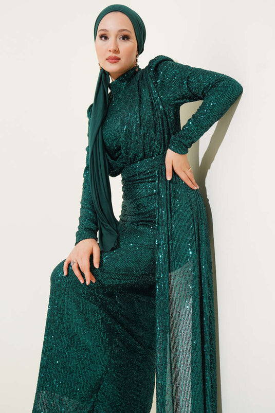 فستان سهرة أخضر بحزام وسحاب وترتر