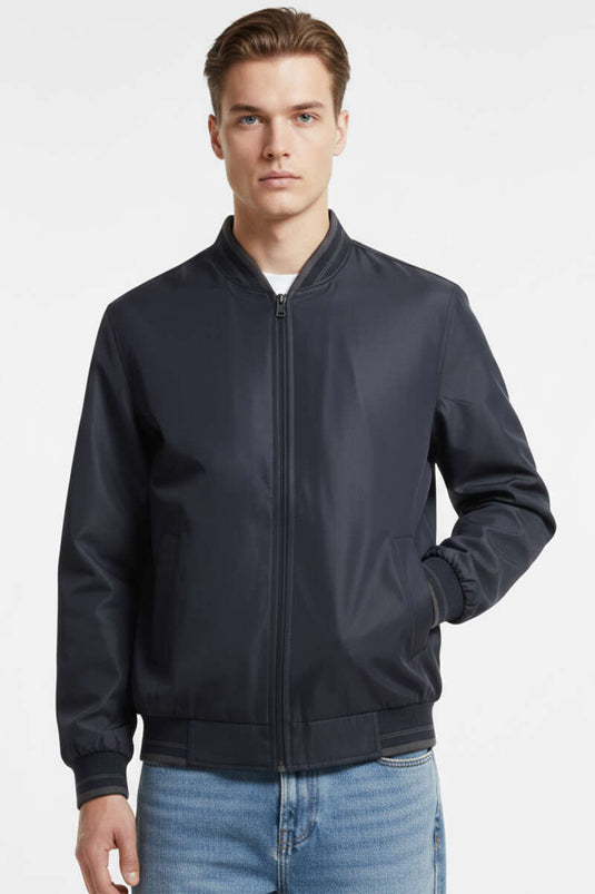 معطف رجالي موسمي بأزرار سحاب وتفاصيل مضلعة باللون الأزرق الداكن