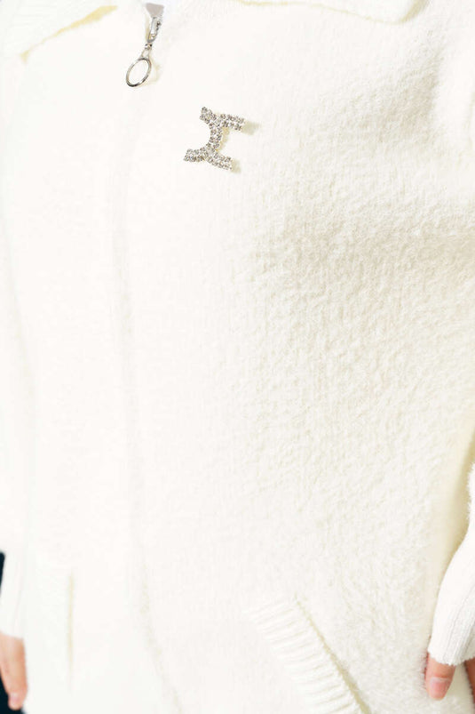 Cardigan in maglia barbuta con cerniera Ecru