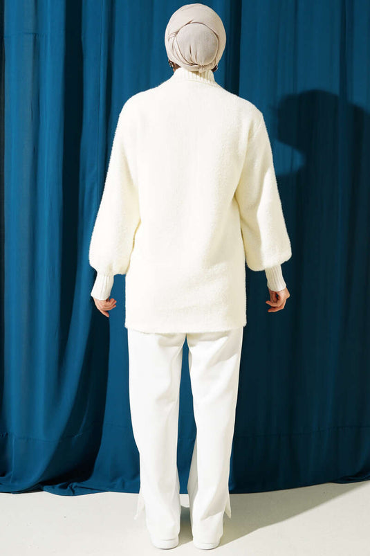 Cardigan in maglia barbuta con cerniera Ecru