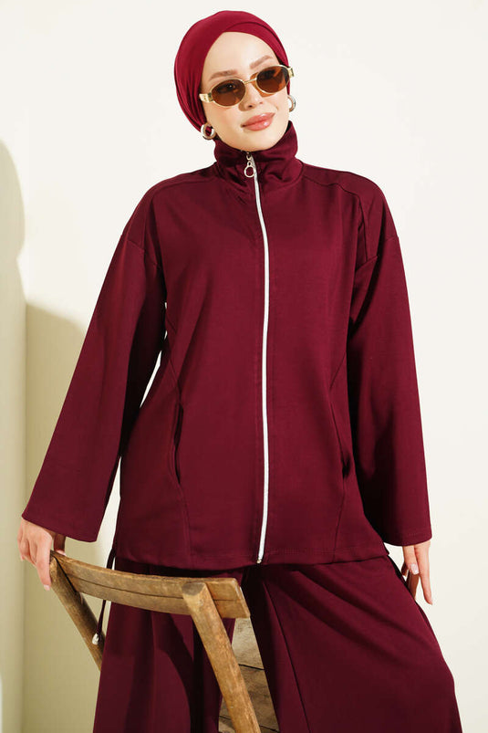 Ensemble Pantalon À Fermeture Éclair Et Châle Bordeaux