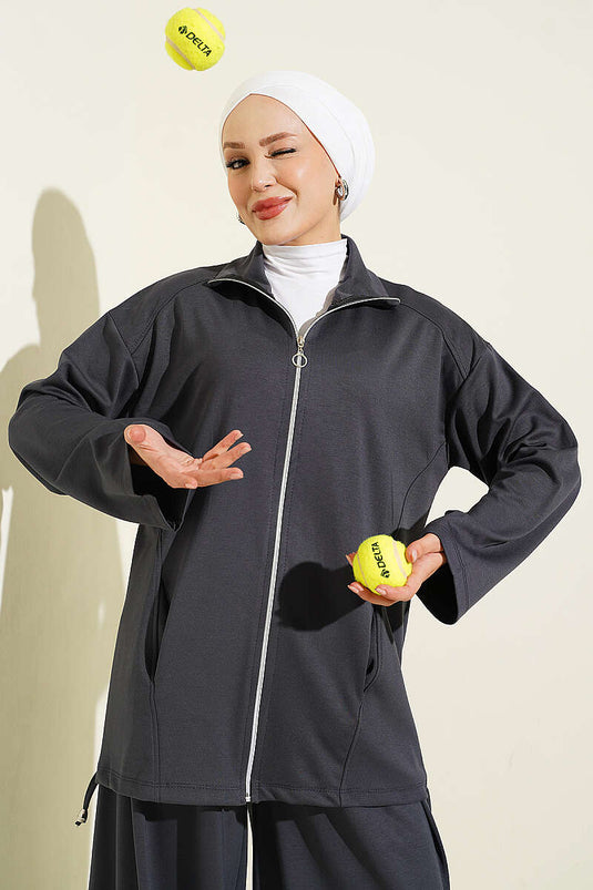 Ensemble Pantalon À Fermeture Éclair Et Châle Gris Fumé