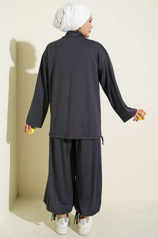 Ensemble Pantalon À Fermeture Éclair Et Châle Gris Fumé