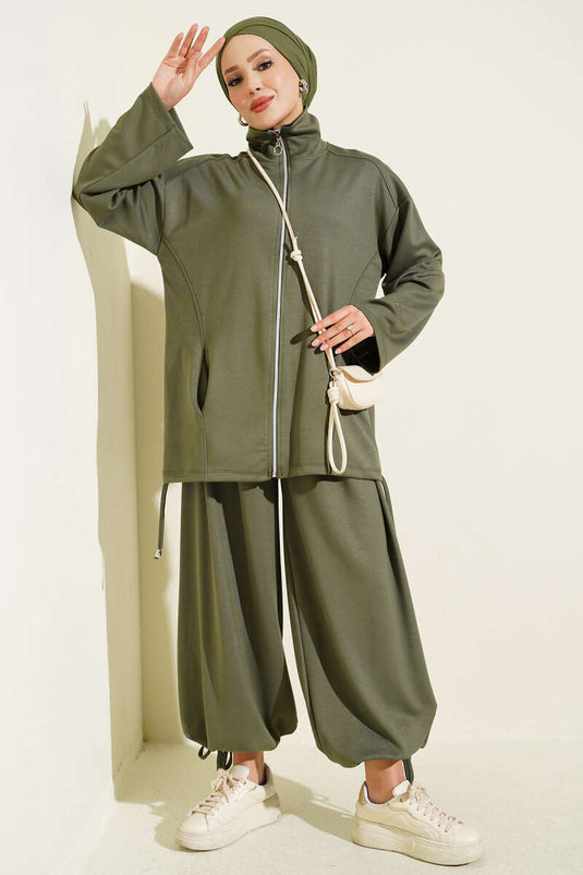 Ensemble De Pantalon Harem À Fermeture Éclair En Kaki
