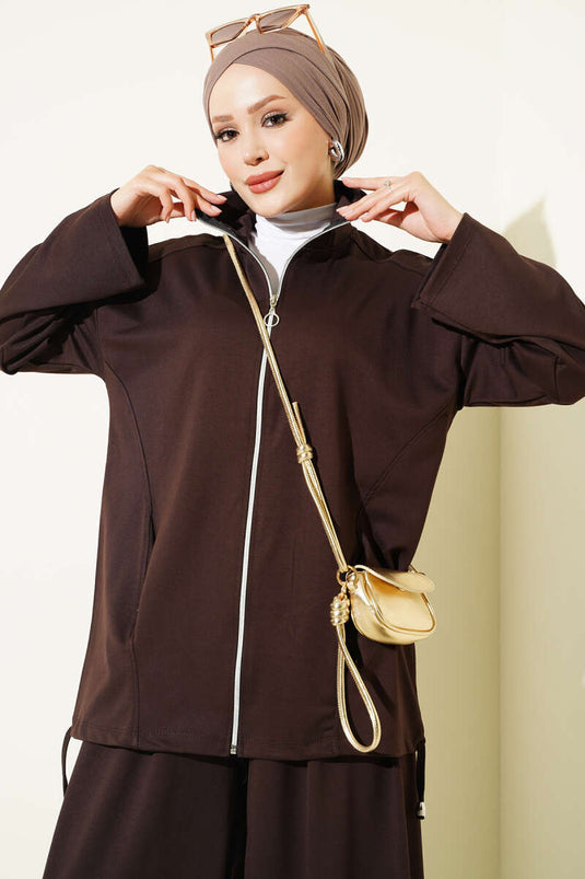 Ensemble Pantalon À Col Châle Et Fermeture Éclair En Marron