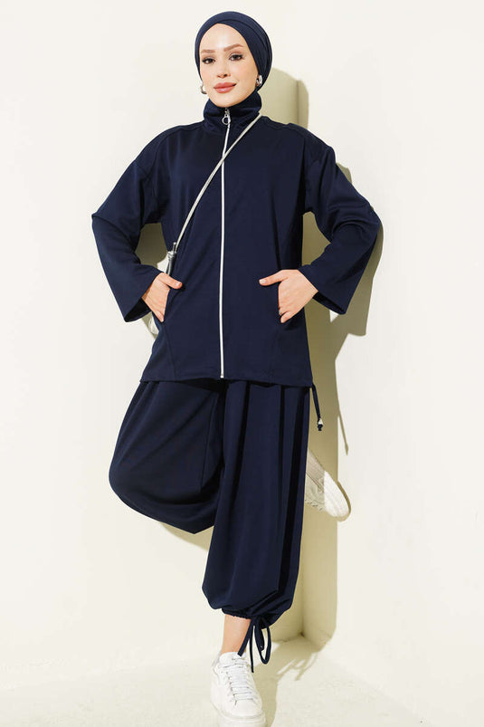 Ensemble Deux Pièces Bleu Marine À Fermeture Éclair Avec Pantalon Châle