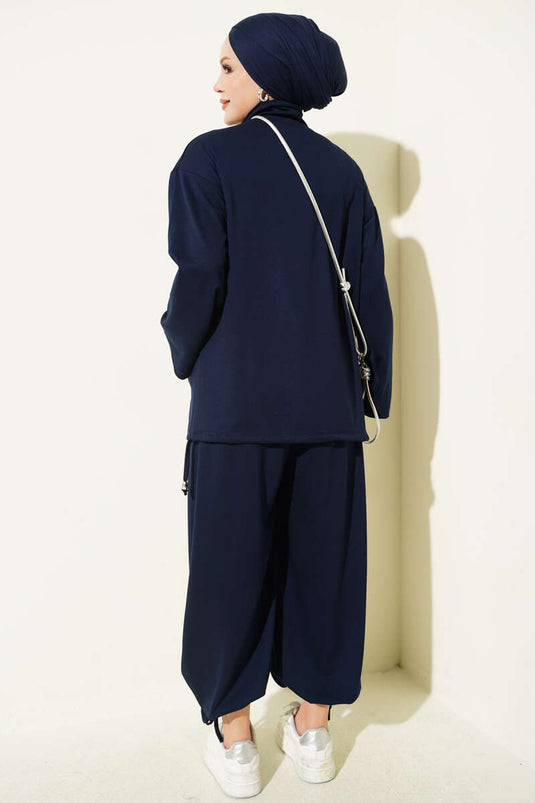Ensemble Deux Pièces Bleu Marine À Fermeture Éclair Avec Pantalon Châle
