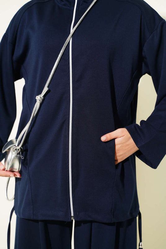 Ensemble Deux Pièces Bleu Marine À Fermeture Éclair Avec Pantalon Châle