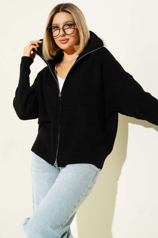 Thessaloniki Strickjacke mit Reißverschluss, Schwarz