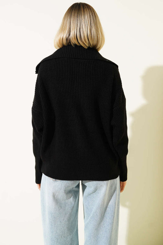 Thessaloniki Strickjacke mit Reißverschluss, Schwarz