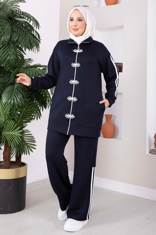 Navy Zippered Two-Piece Set With Stripe Details