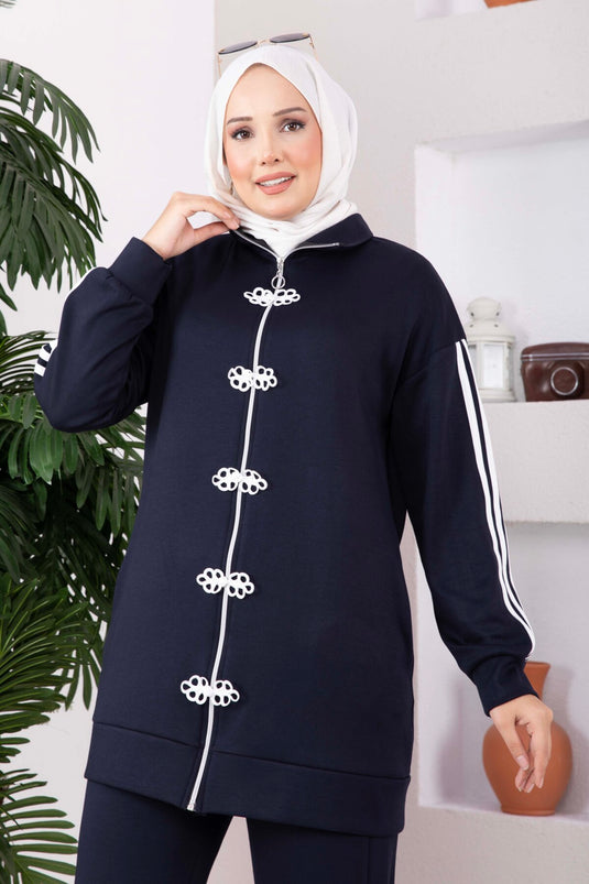 Navy Zippered Two-Piece Set With Stripe Details