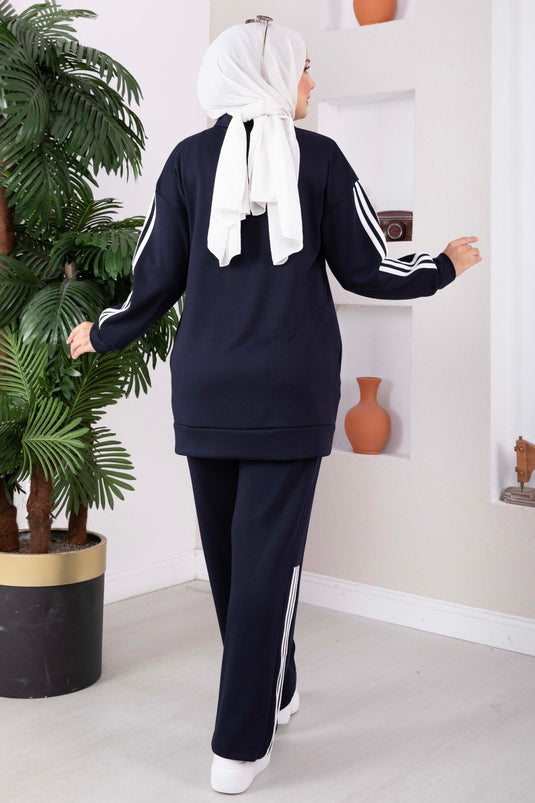 Navy Zippered Two-Piece Set With Stripe Details