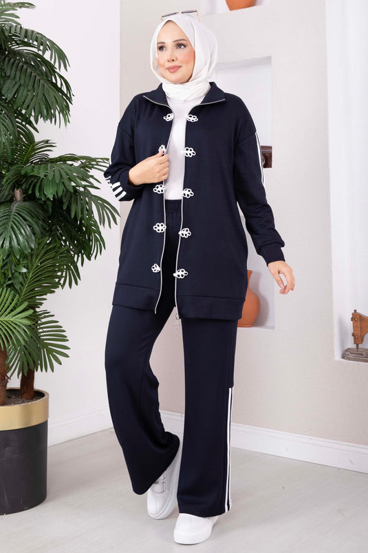 Navy Zippered Two-Piece Set With Stripe Details