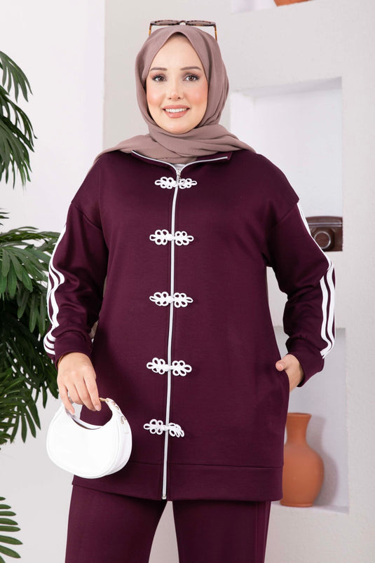 Fermuarlı Şerit Detaylı İkili Takım Mürdüm