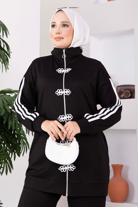 طقم مزدوج بسحاب مع شرائط سوداء