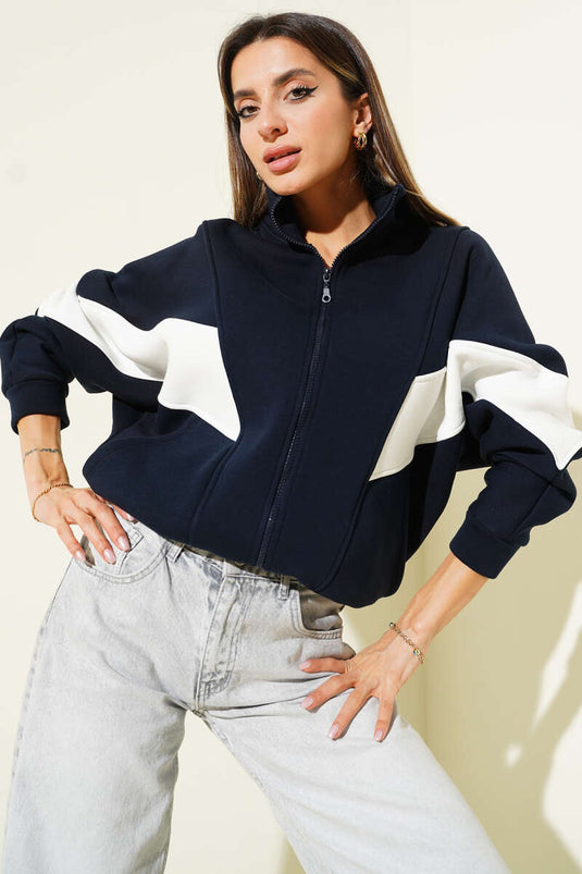 Fermuarlı Şerit Detaylı Şardonlu Hırka Lacivert