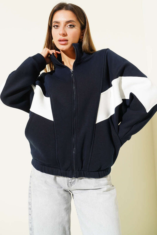 Fermuarlı Şerit Detaylı Şardonlu Hırka Lacivert