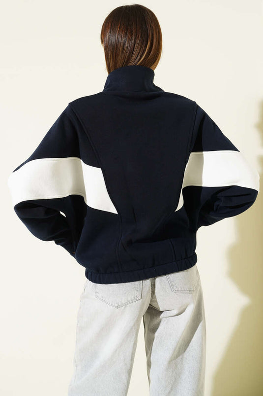 Fermuarlı Şerit Detaylı Şardonlu Hırka Lacivert