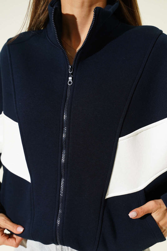 Fermuarlı Şerit Detaylı Şardonlu Hırka Lacivert