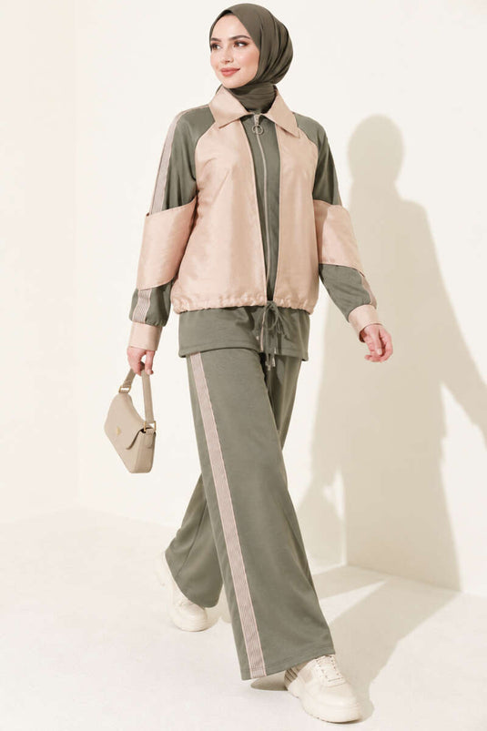 Zippered Striped Trim Two-Piece Set Khaki