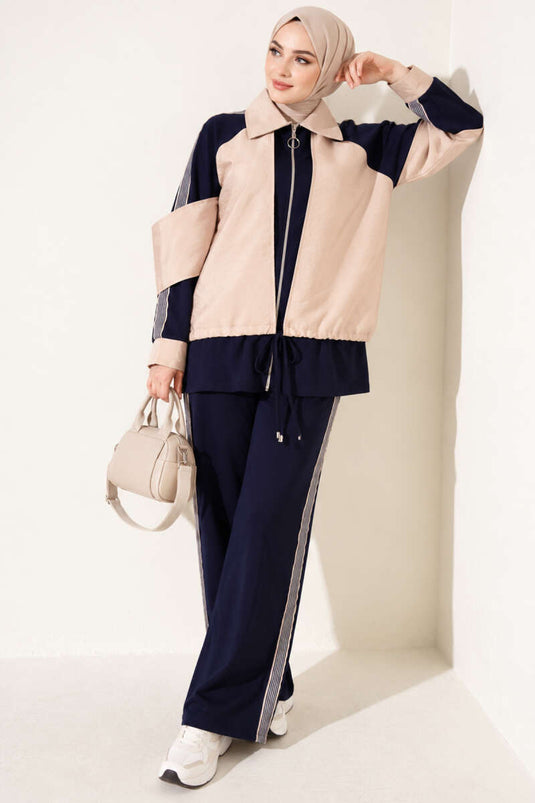 Zippered Striped Trim Two-Piece Set Navy Beige