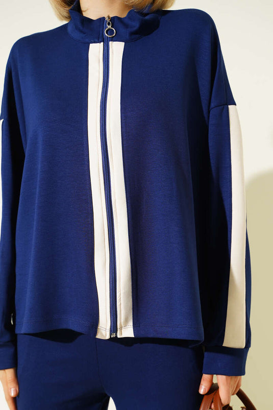 Two-Piece Set with Zipper and Stripe, Navy Blue