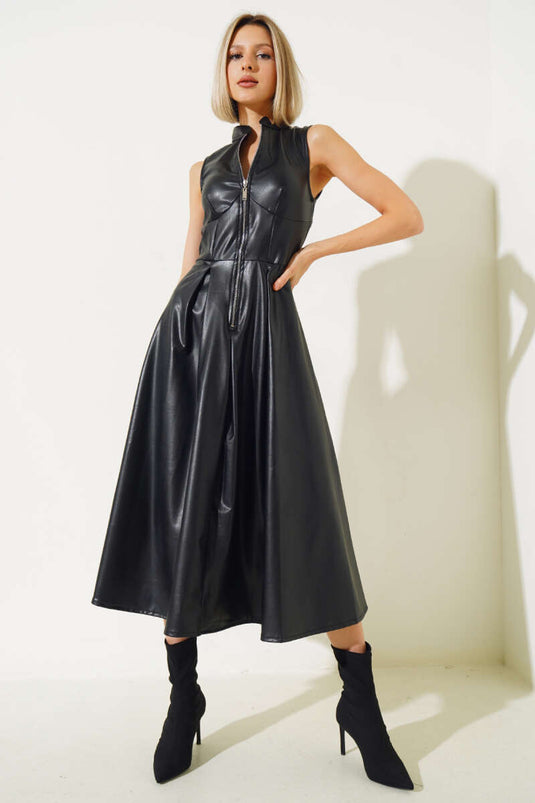 Zippered Zero Sleeve Leather Dress Black