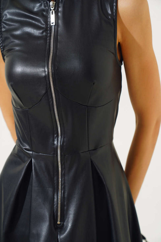 Zippered Zero Sleeve Leather Dress Black