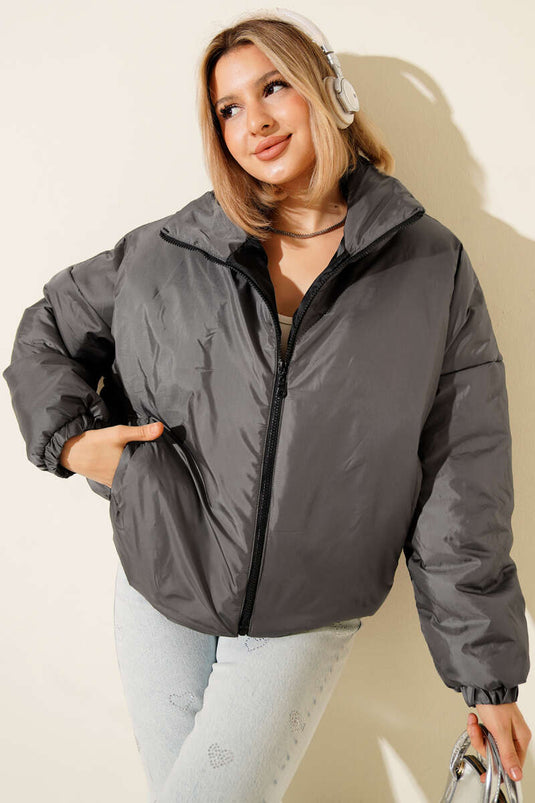 جاكيت قصير مبطن بسحاب، رمادي دخاني